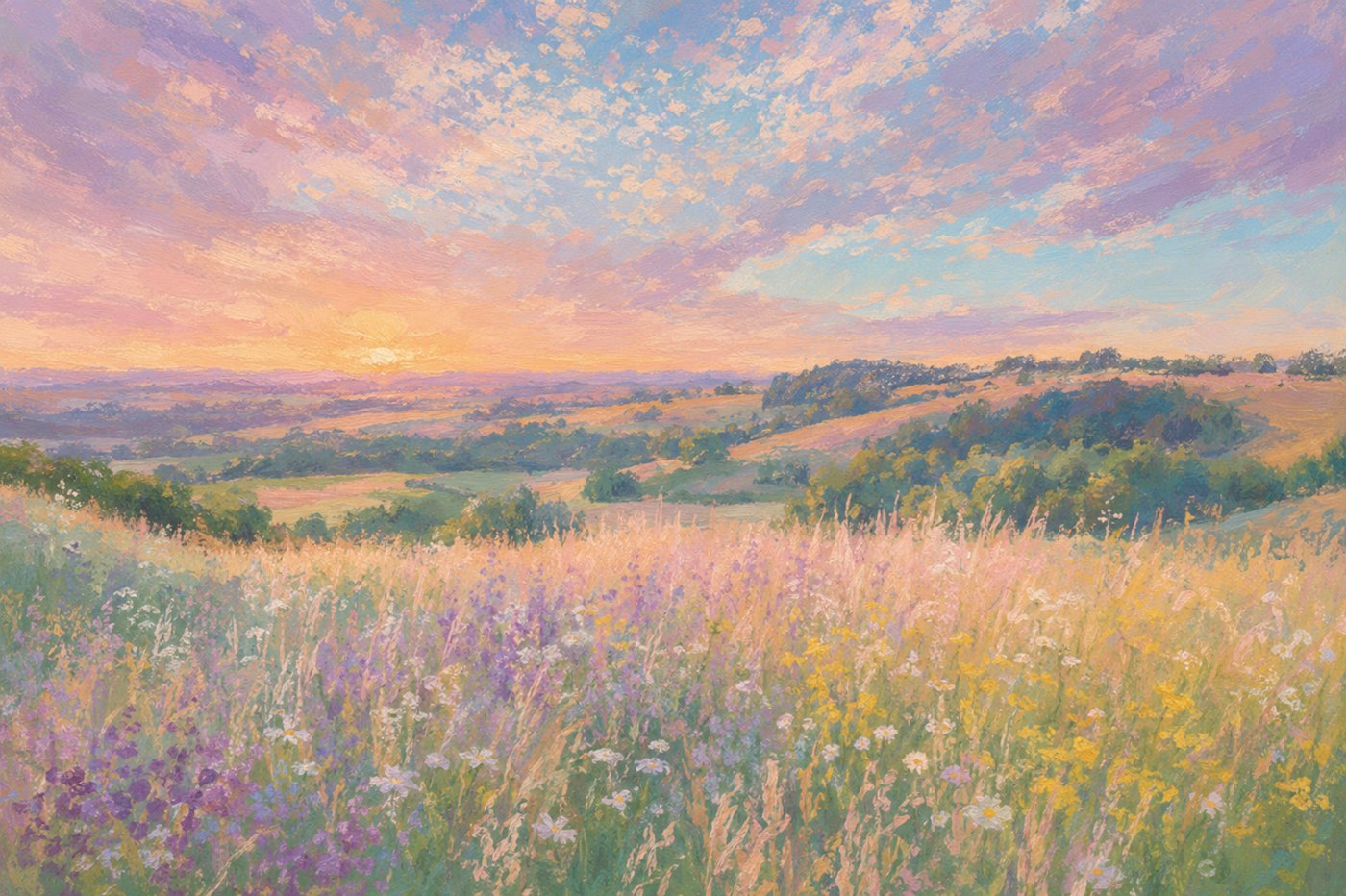 Pastel meadow at sunset